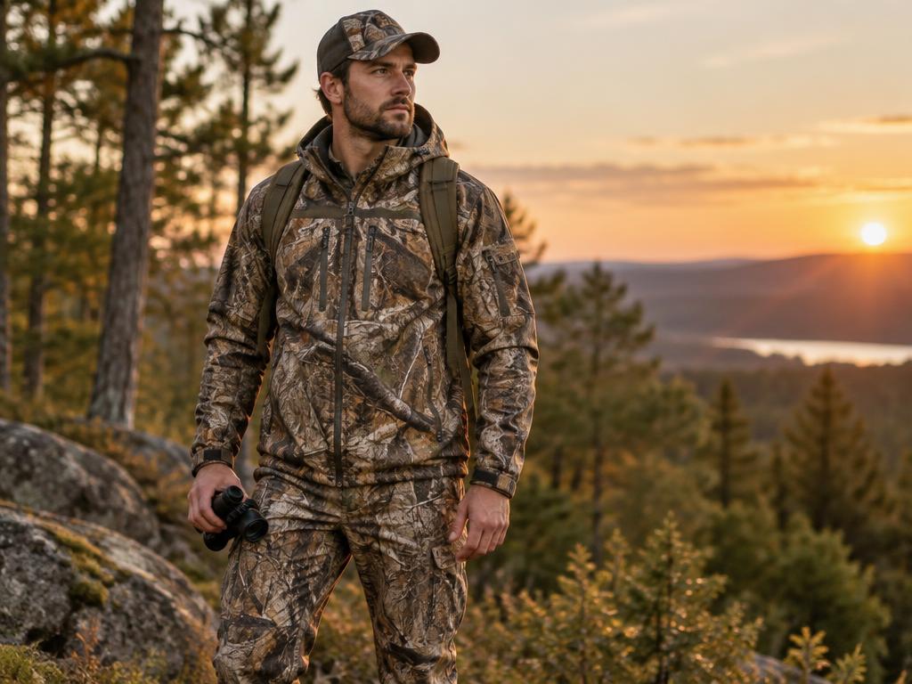 Man wearing camouflage hunting apparel in the field