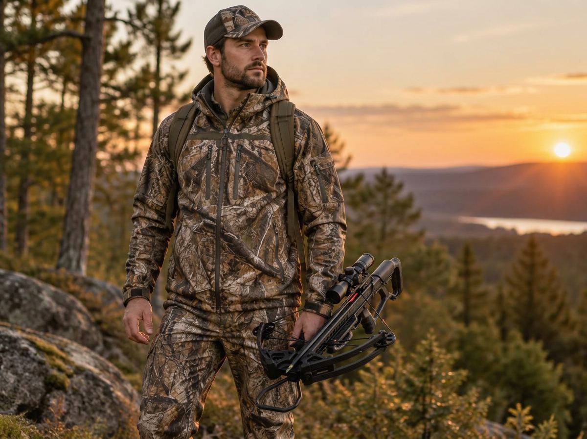 Hunter holding a modern Ravin crossbow on a ridge at sunset